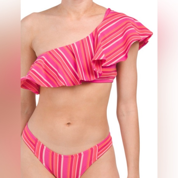 TRINA TURK Marai Ruffle Top & Hipster Bottom Bikini Set / Pink Stripe, Size 10 - Picture 6 of 13
